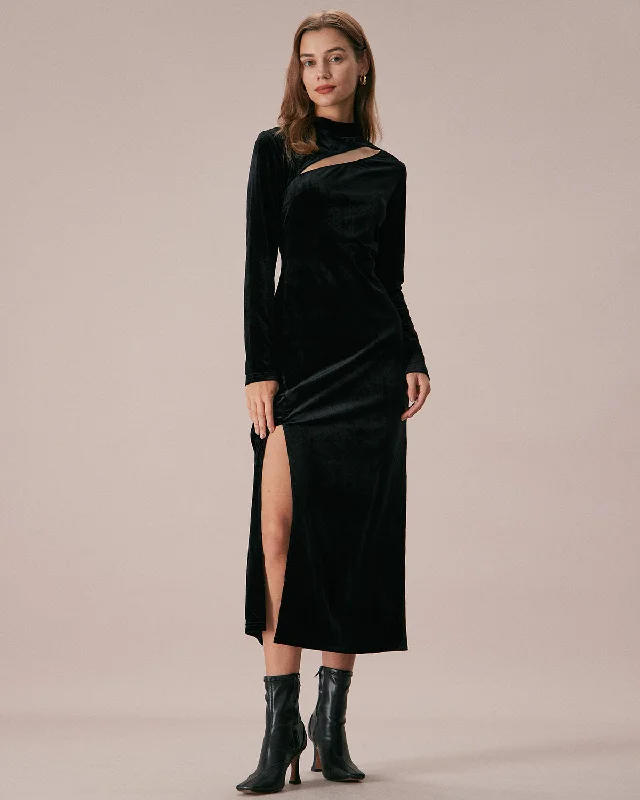 The Black Mock Neck Velvet Slit Maxi Dress