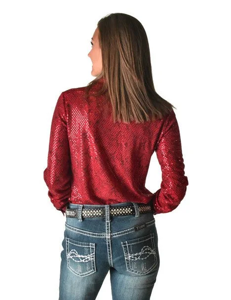 Cowgirl Tuff Womens Metallic Snakeskin Bling Red Poly/Spandex L/S Blouse