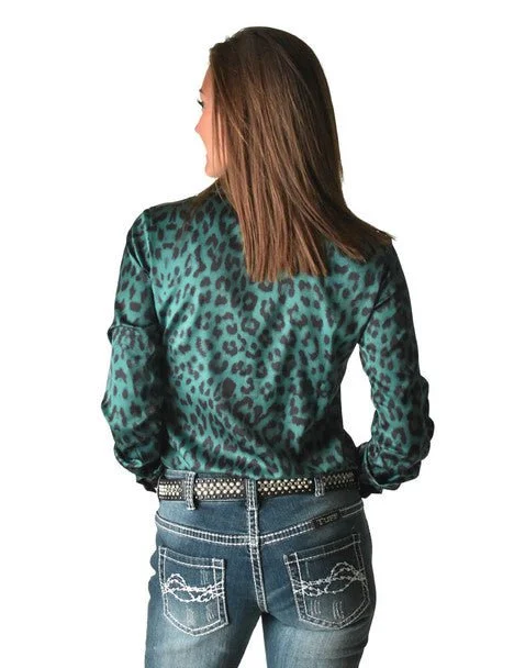 Cowgirl Tuff Womens Metallic Turquoise/Leopard Polyester L/S Shirt