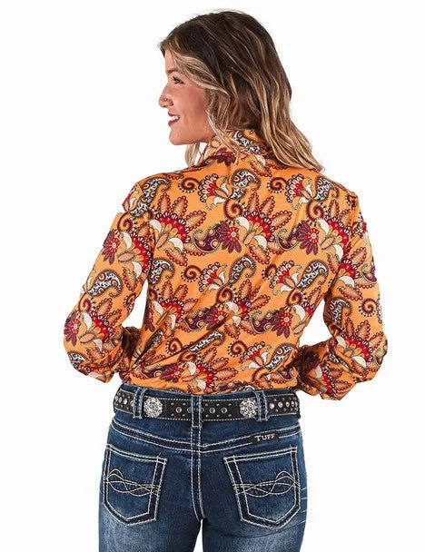 Cowgirl Tuff Womens Paisley Button Up Gold Poly/Spandex L/S Blouse