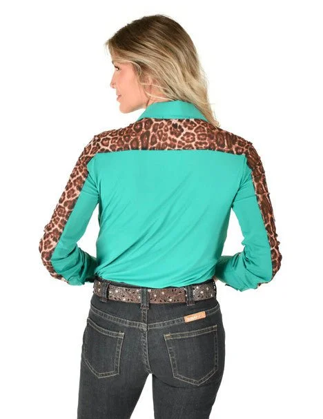 Cowgirl Tuff Womens Sheer Leopard Turquoise Poly/Spandex L/S Shirt