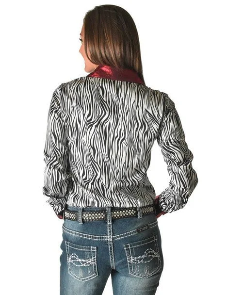 Cowgirl Tuff Womens Zebra Metallic Black/White Polyester L/S Shirt