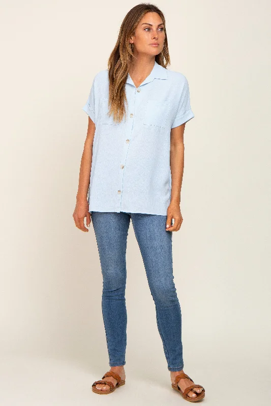 Light Blue Collared Button-Down Short Sleeve Blouse