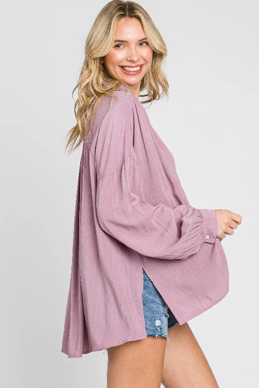 Mauve Lightweight Striped Textured Collared Top