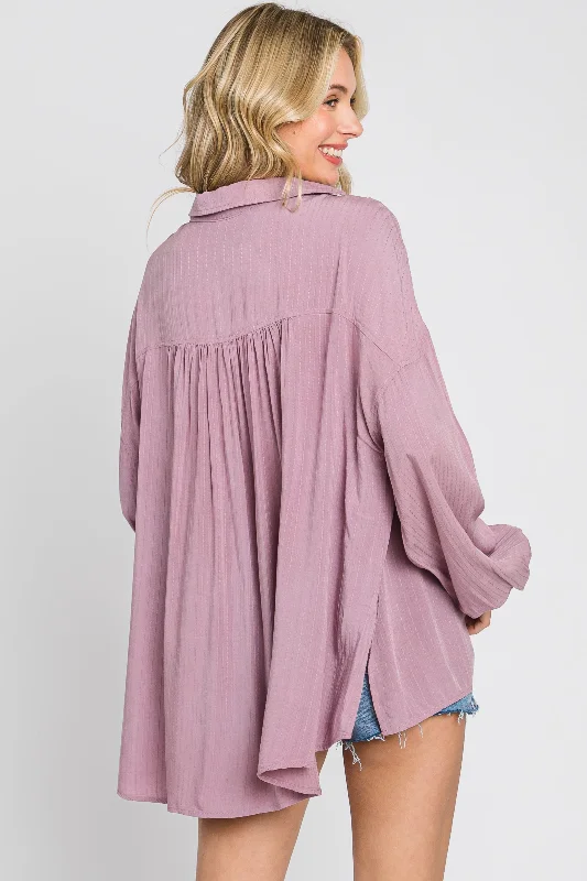 Mauve Lightweight Striped Textured Collared Top