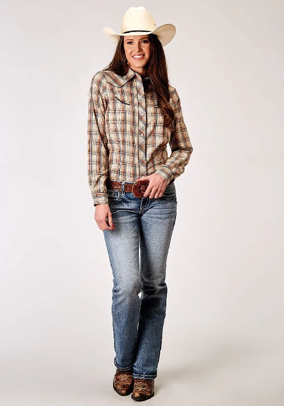 Roper Womens 1970 Plaid Brown Cotton Blend Retro L/S Shirt