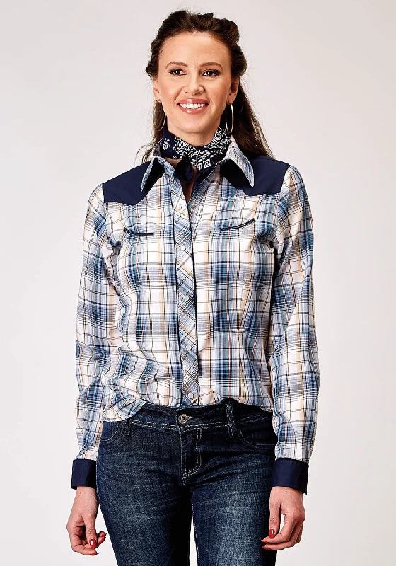 Roper Womens 1971 Madras Plaid Blue Cotton Blend Retro L/S Shirt