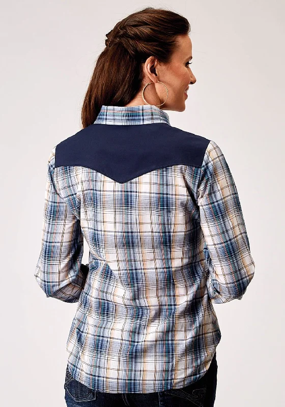 Roper Womens 1971 Madras Plaid Blue Cotton Blend Retro L/S Shirt