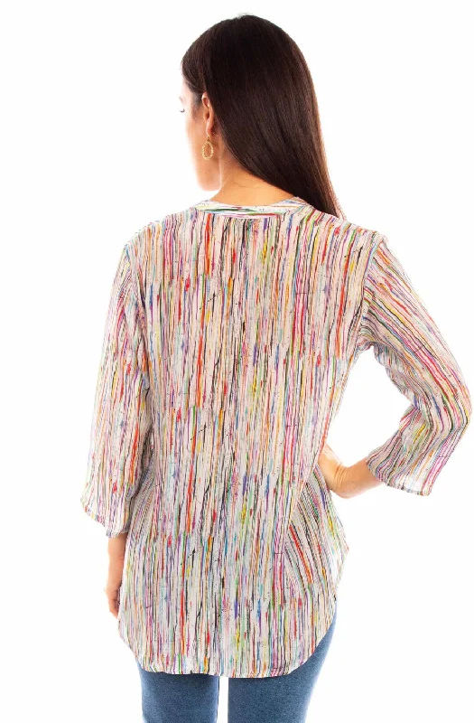 Scully Womens Abstract Striped Multi-Color Viscose 3/4 Sleeve S/S Blouse